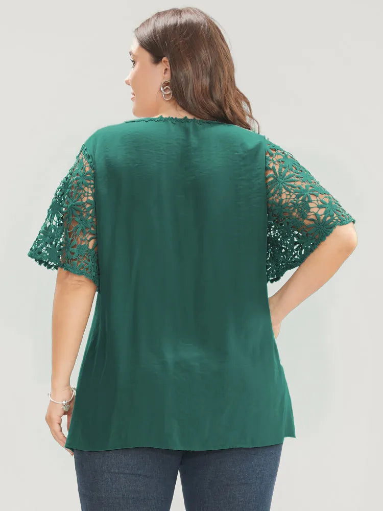 Plain V Neck Floral Patchwork Blouse