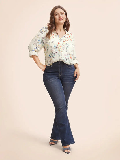 Shirt Collar Floral Patched Pocket Blouse