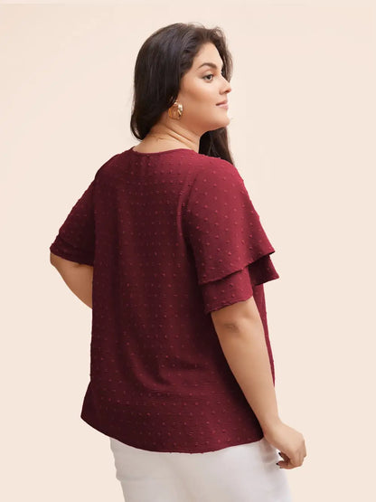 Plain Ruffle Tiered Sleeve V Neck Polka Dot Blouse
