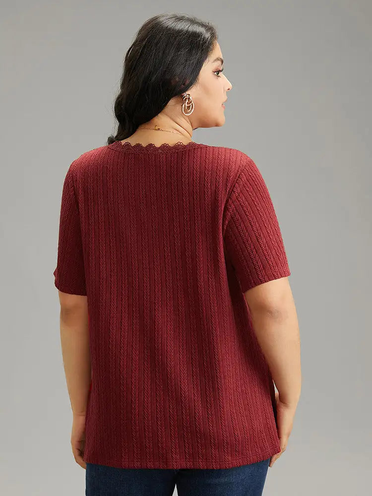 Lace Trim Plisse Button Detail T-Shirt