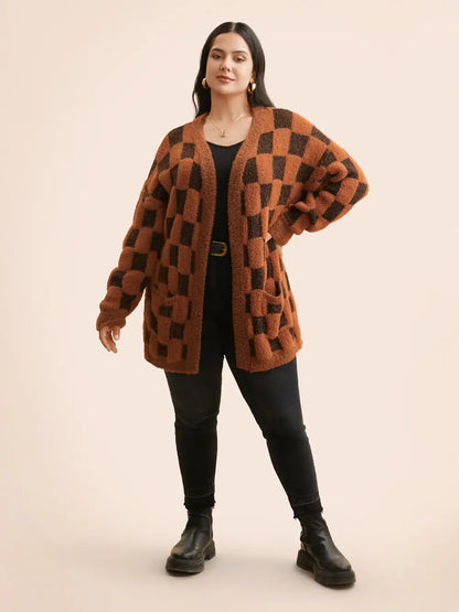 Plaid Fluffy Patched Pocket Cardigan