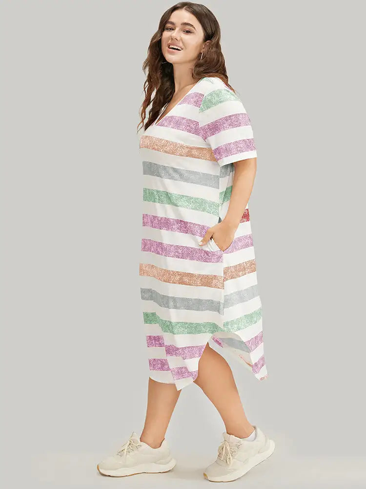 Striped Contrast Arc Hem V Neck Pocket Dress