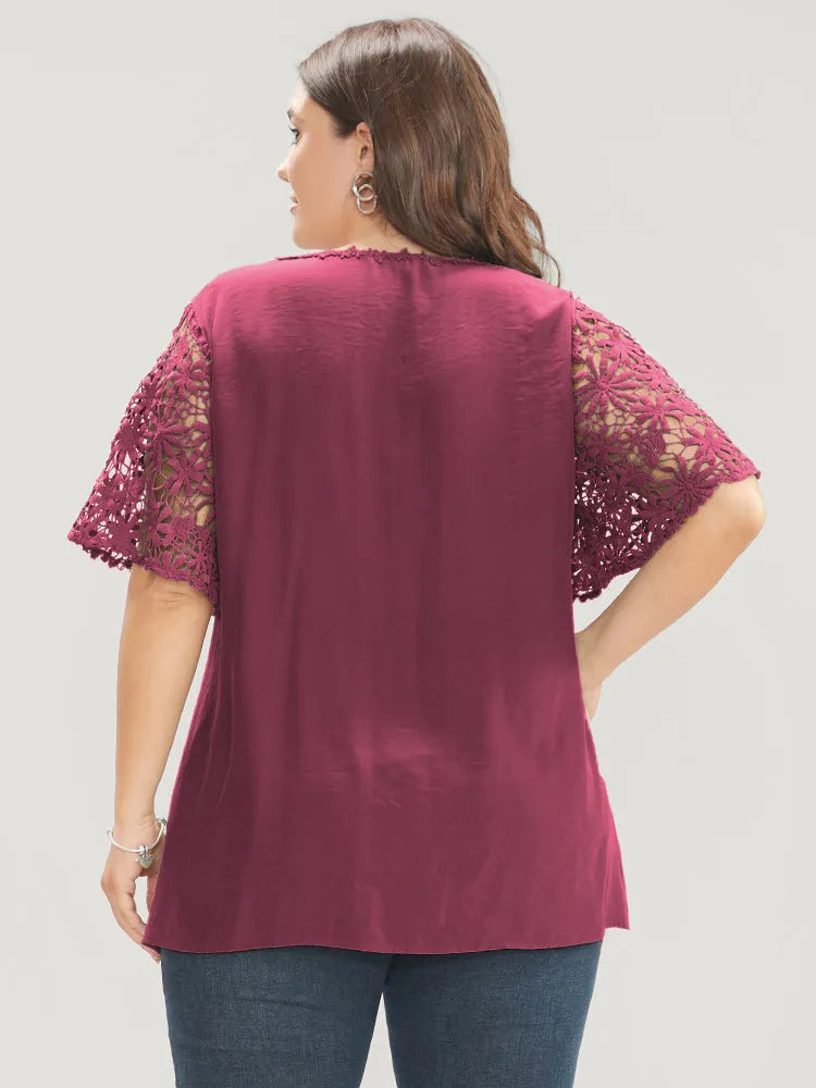 Plain V Neck Floral Patchwork Blouse