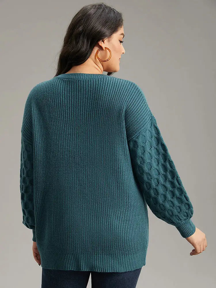 Solid Cable Knit V Neck Drop Shoulder Pullover