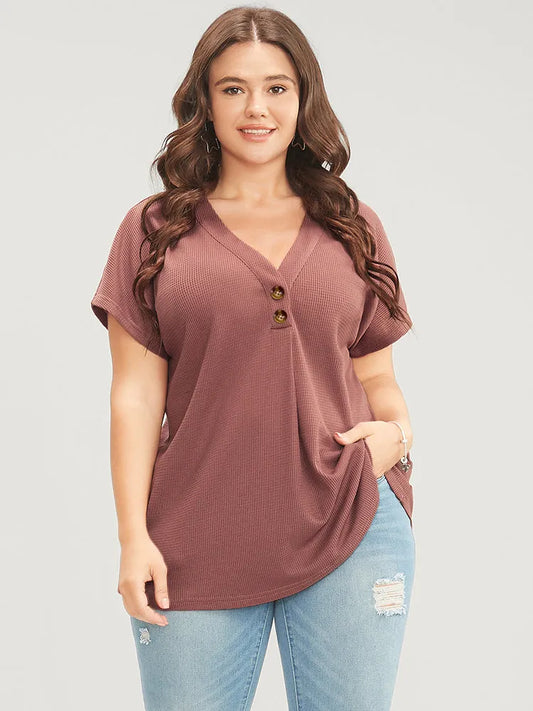 Solid Dolman Sleeve Button Detail Waffle Knit T-shirt