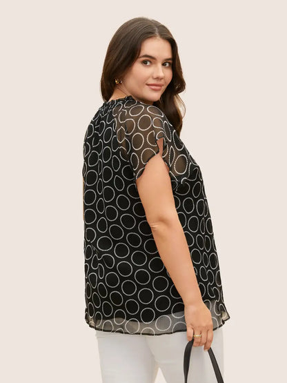 Polka Dot Mock Neck Mesh Patchwork Blouse