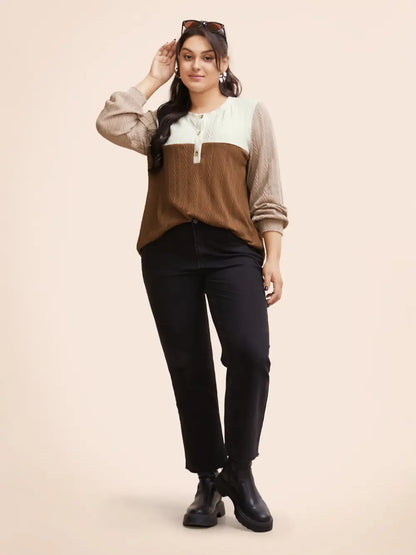 Colorblock Contrast Textured Button Up T-Shirt