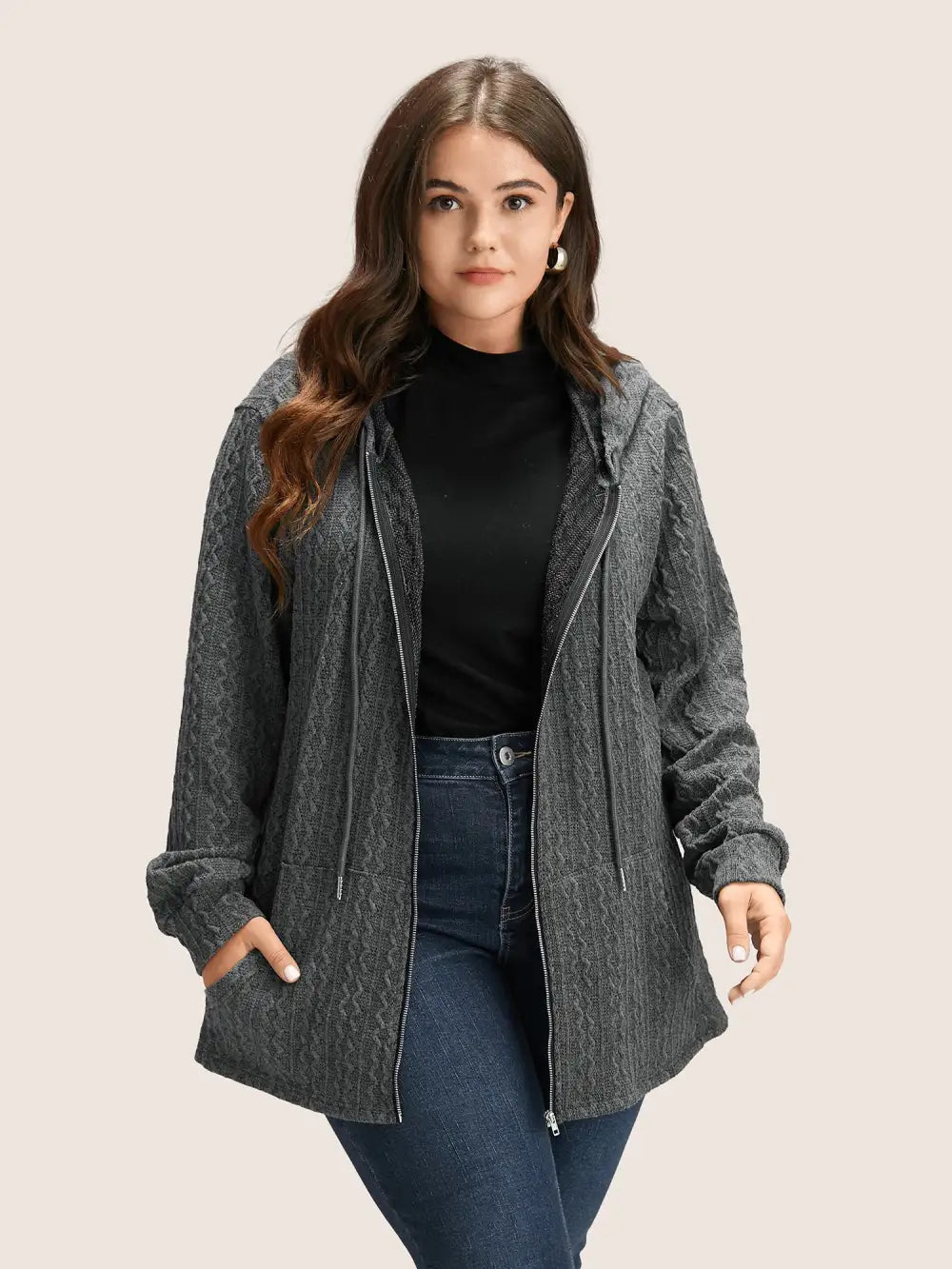 Plain Textured Zipper Hooded Sweatshirt