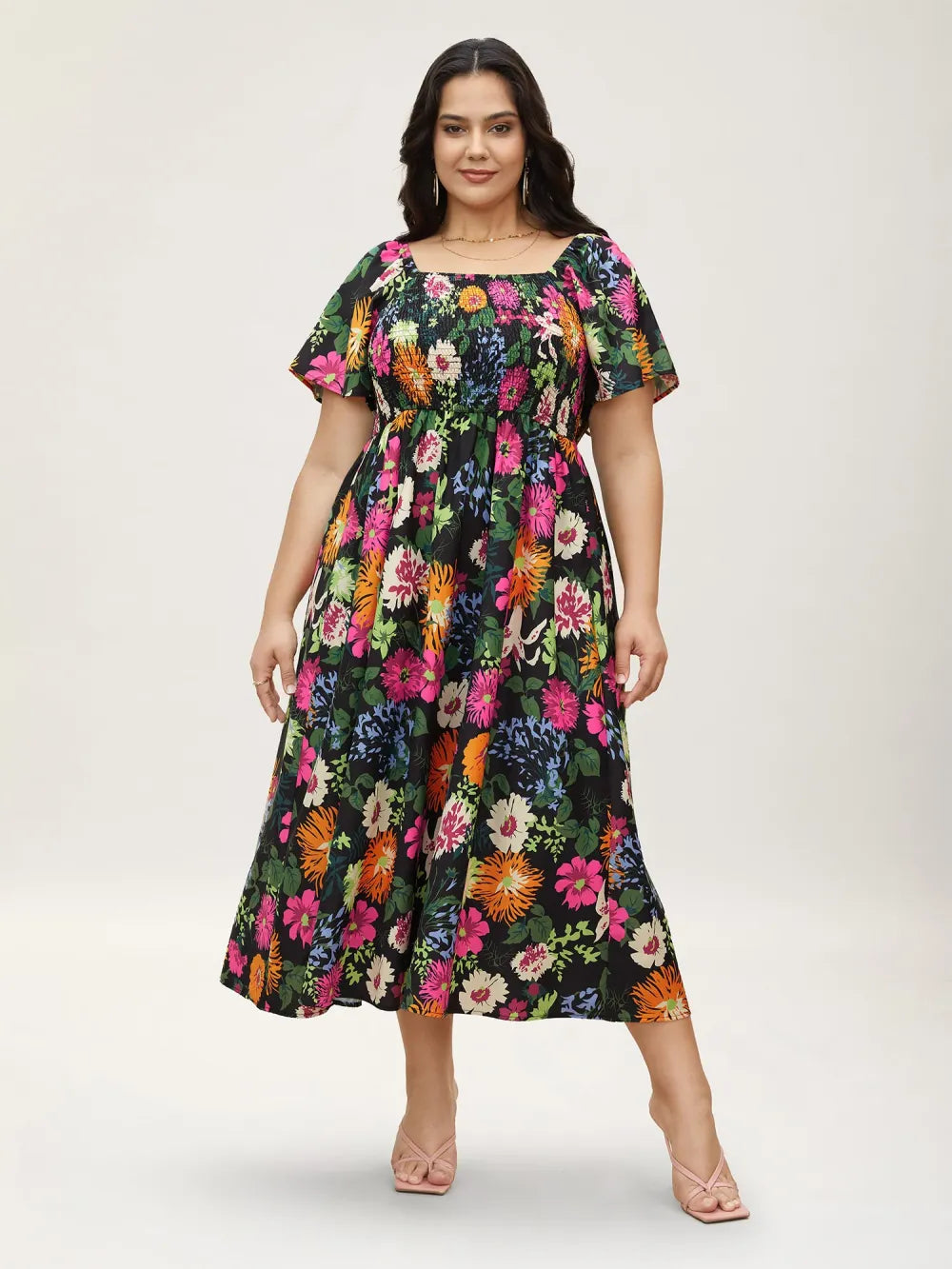 Floral Backless Shirred Square Neck Pocket Ruffle Hem Dress