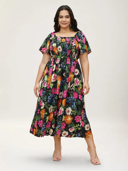 Floral Backless Shirred Square Neck Pocket Ruffle Hem Dress