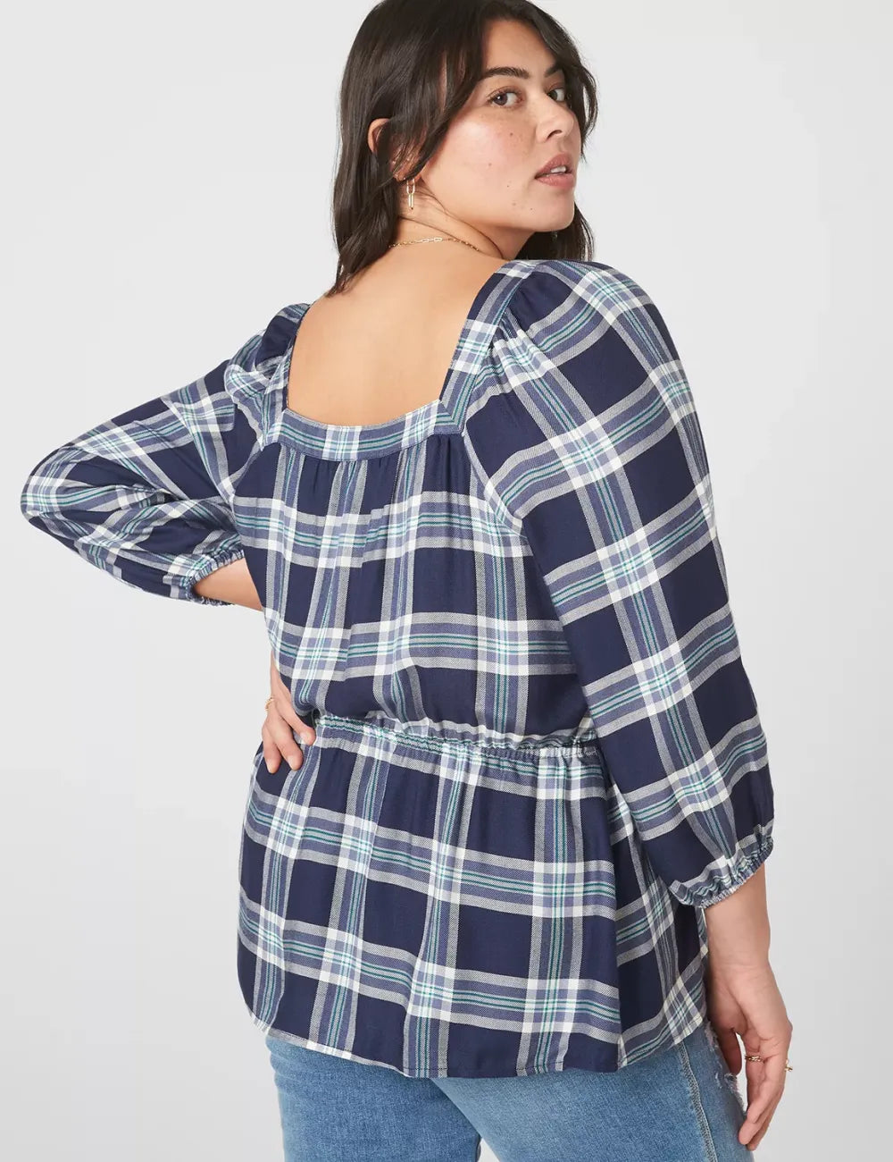 Classic Medium-Sleeve Square-Neck Peplum Blouse