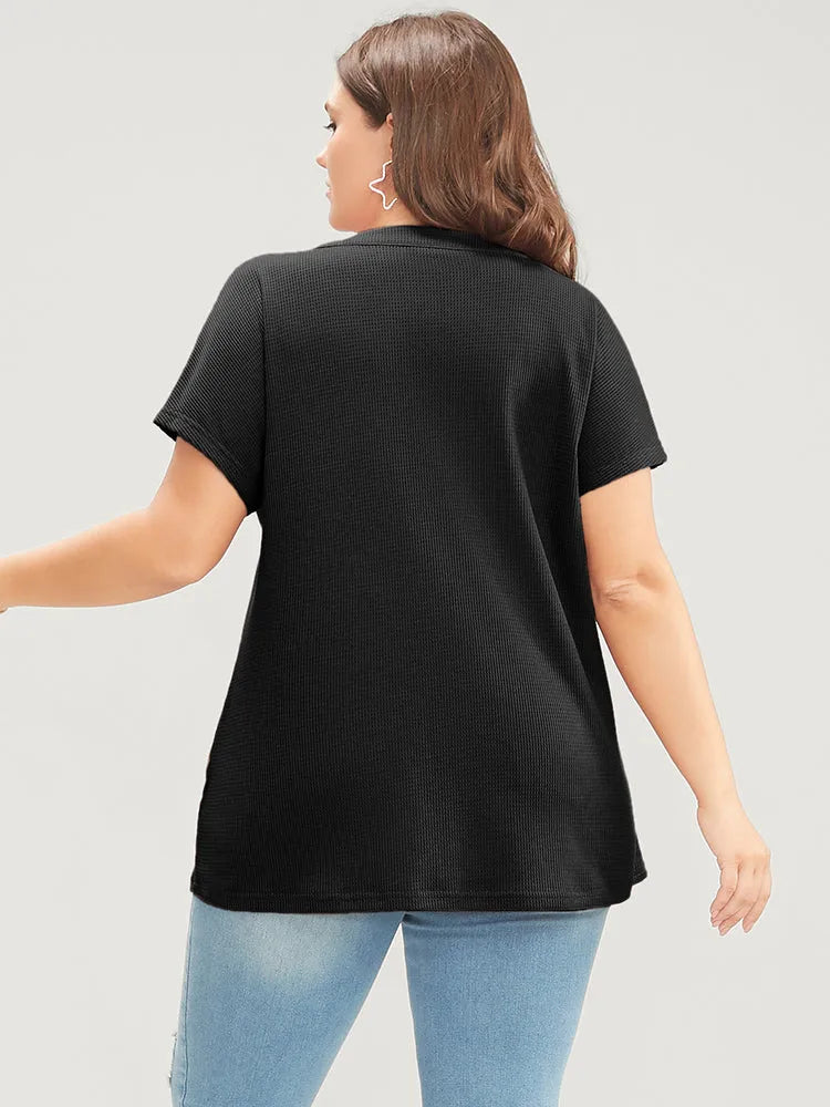 Solid Dolman Sleeve Button Detail Waffle Knit T-shirt