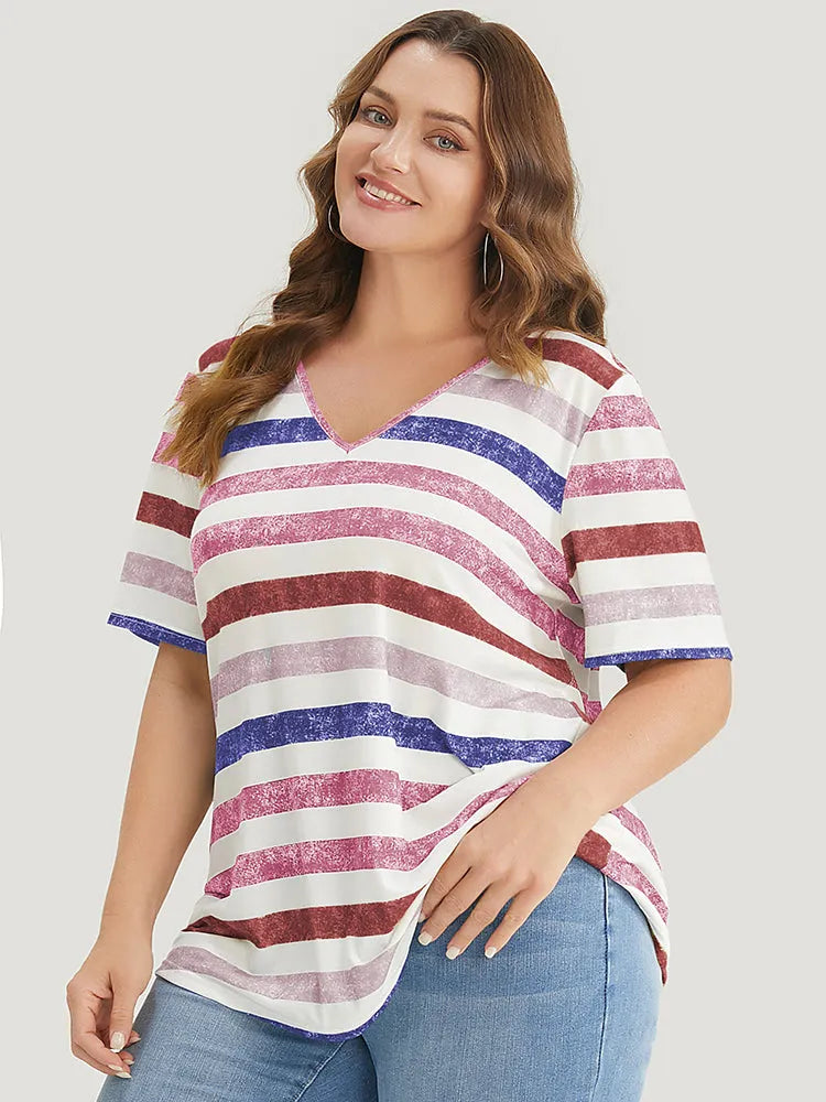 Striped Contrast V Neck T-shirt