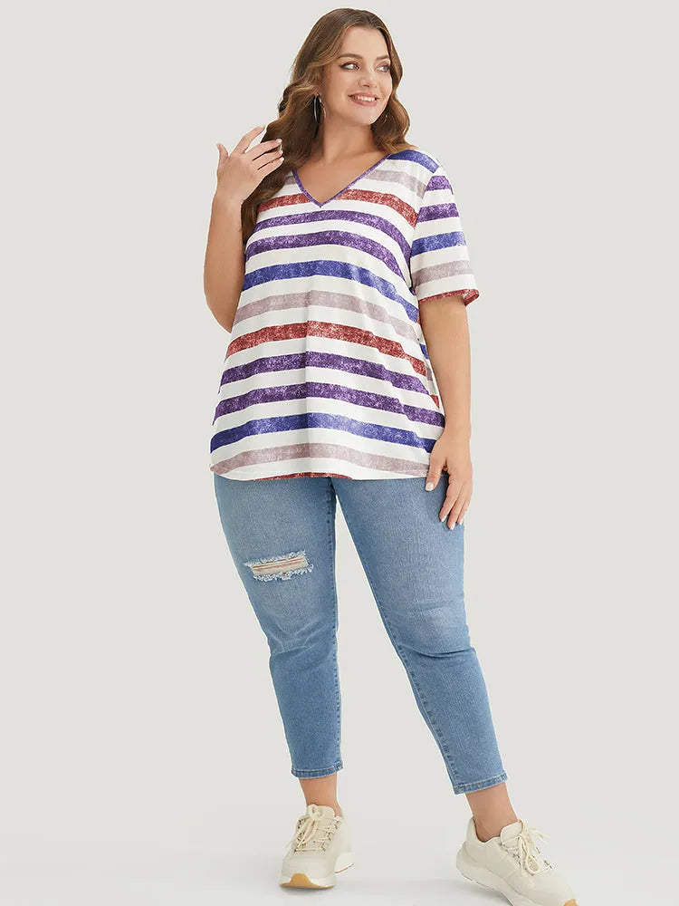 Striped Contrast V Neck T-shirt