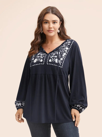 Floral Embroidered Knot Neck Lantern Sleeve T-Shirt