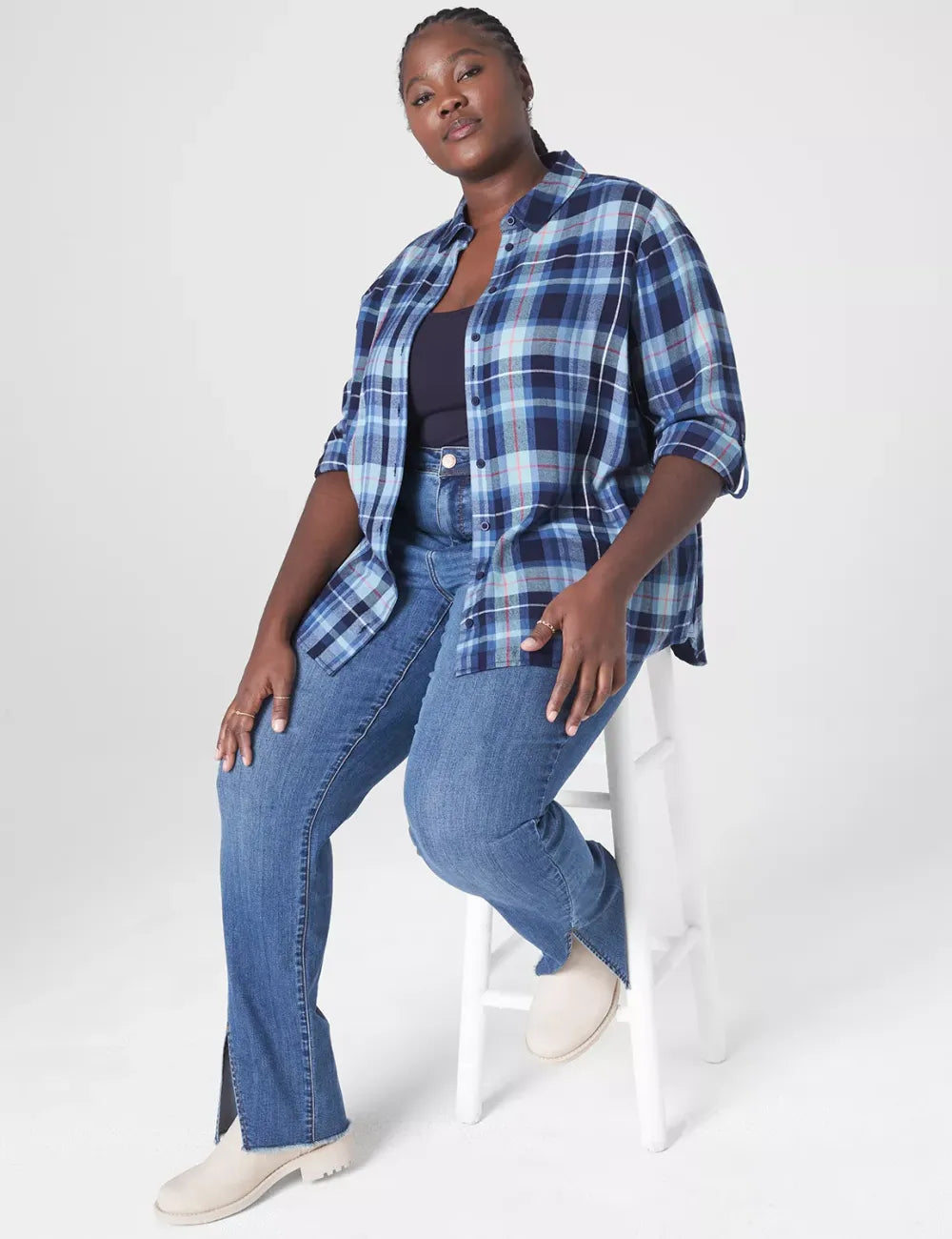 Relaxed Button-Front Plaid Boyfriend Shirt