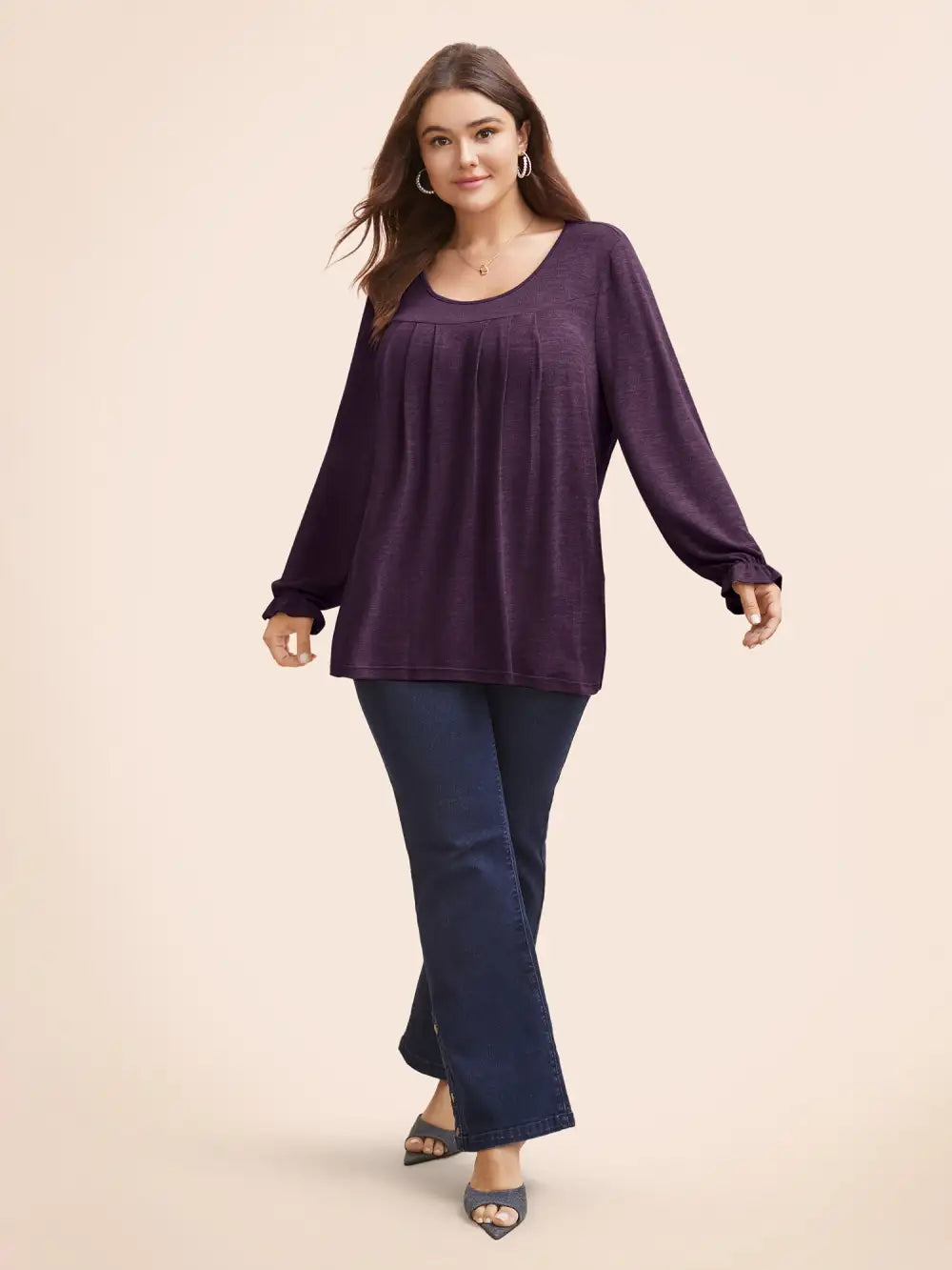 Round Neck Heather Pleated T-Shirt