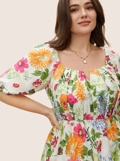 Floral Notched Collar Lantern Sleeve Blouse
