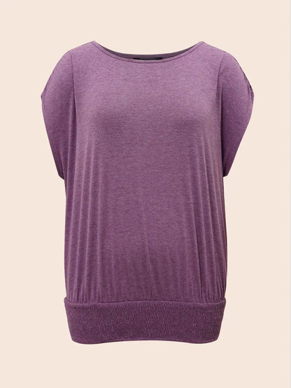 Solid Ruched Batwing Sleeve Shirred Hem T-Shirt