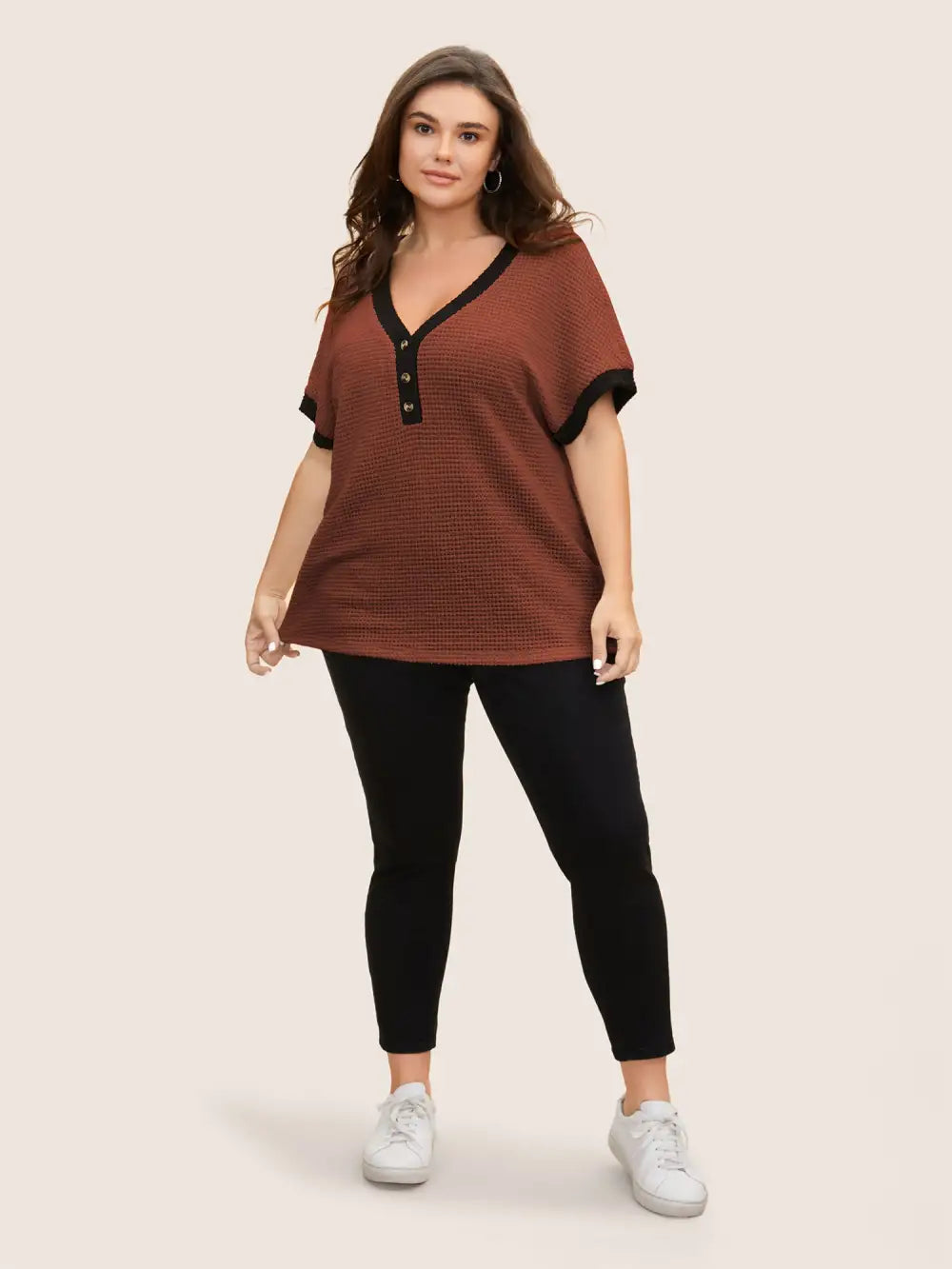 V Neck Contrast Button Detail Knit T-Shirt