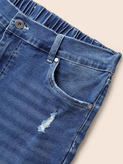 Folded Hem Rip Back Elastic Waist Jeans