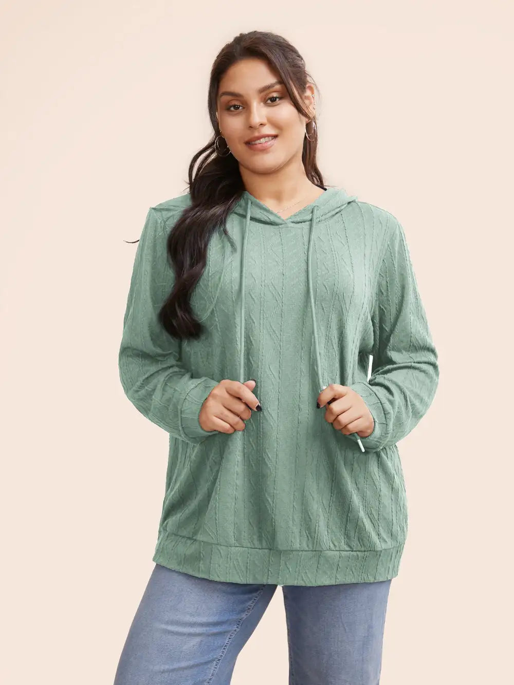 Plain Textured Hooded Drawstring Sweatshirt