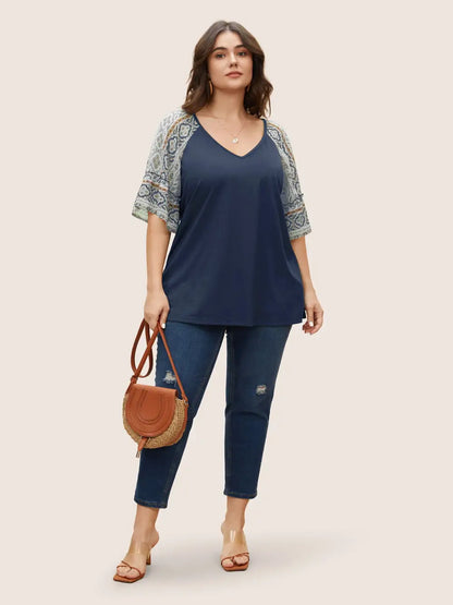 Boho Print Patchwork Raglan Sleeve T-Shirt