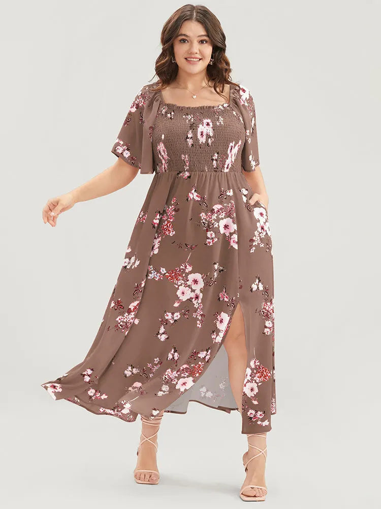 Floral Square Neck Ruffles Pocket Shirred Split Dress