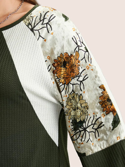 Waffle Knit Patchwork Floral Print T-Shirt
