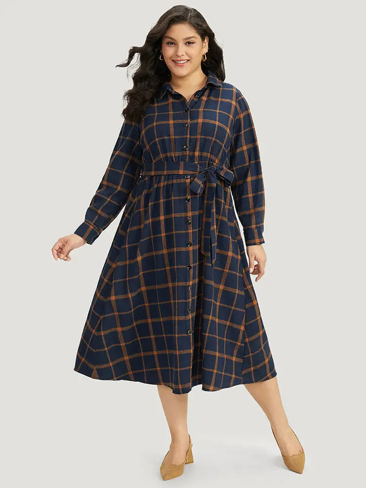 Plaid Shirt Collar Button Fly Belted Dress