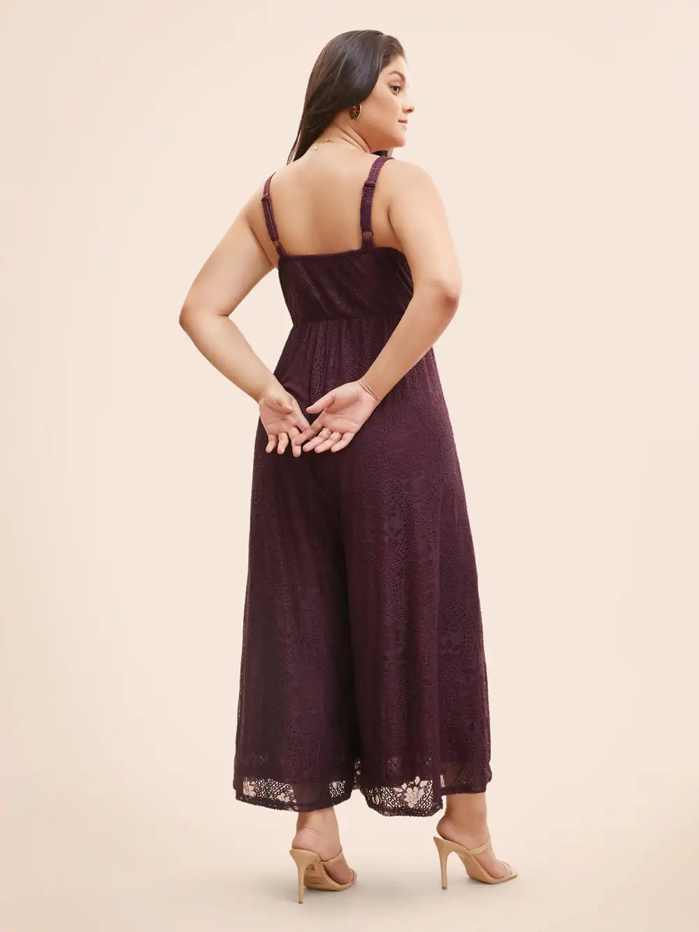 Square Neck Lace Panel Gathered Jumpsuit
