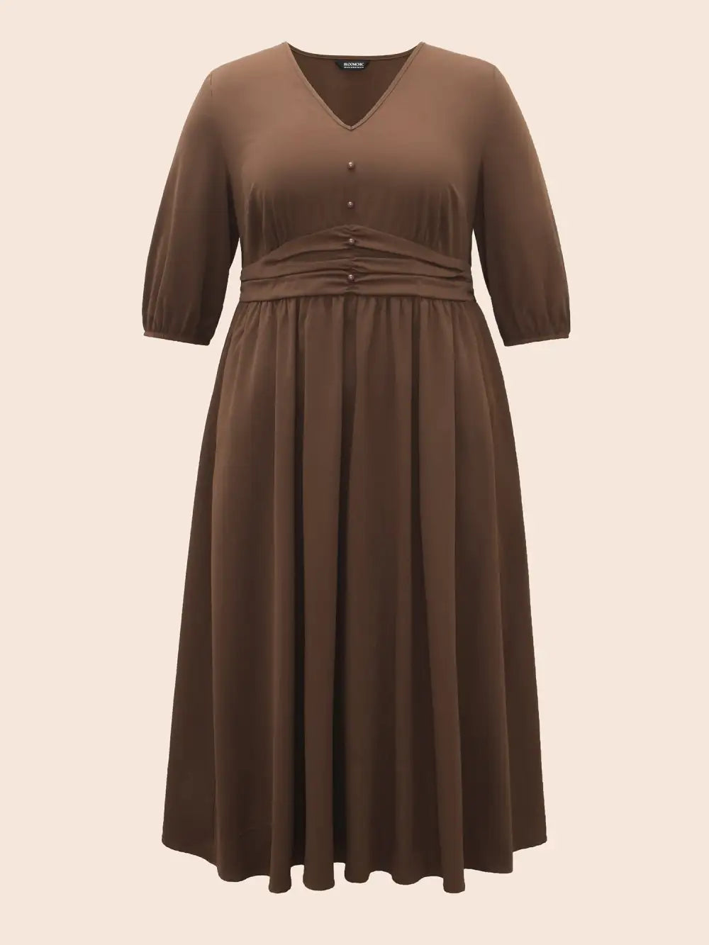 V Neck Shirred Ruched Midi Dress