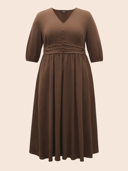 V Neck Shirred Ruched Midi Dress