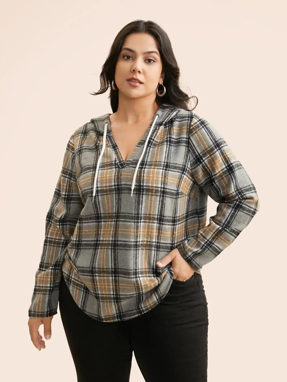 Brushed Fabric Plaid Hooded Sweatshirt