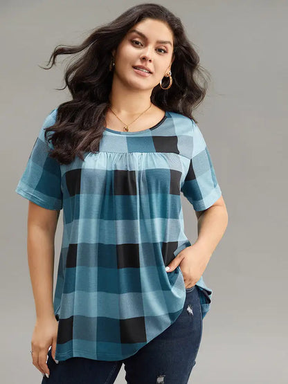 Plaid Round Neck Gathered T-Shirt