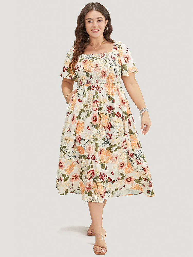 Floral Backless Shirred Square Neck Pocket Ruffle Hem Dress