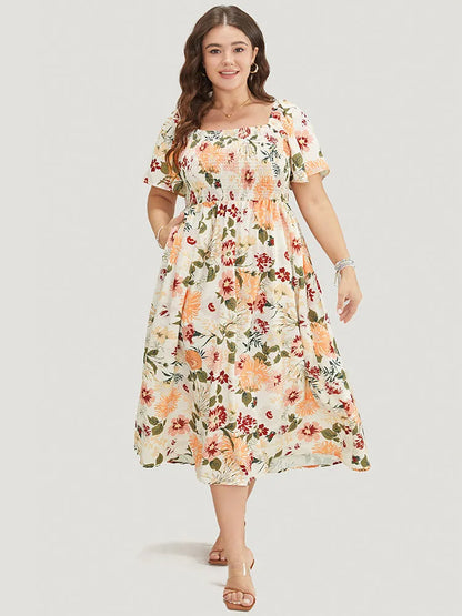 Floral Backless Shirred Square Neck Pocket Ruffle Hem Dress