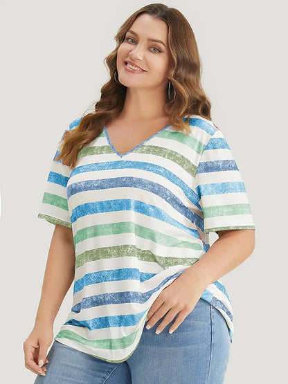 Striped Contrast V Neck T-shirt