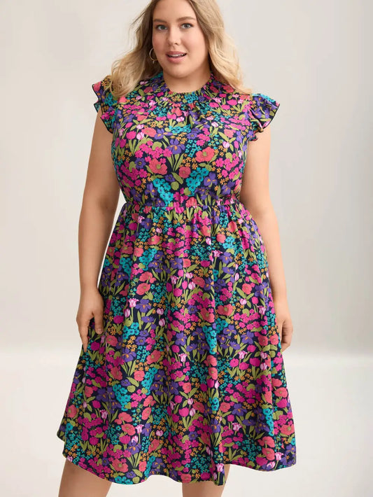 Floral Print Shirred Pockets Midi Dress
