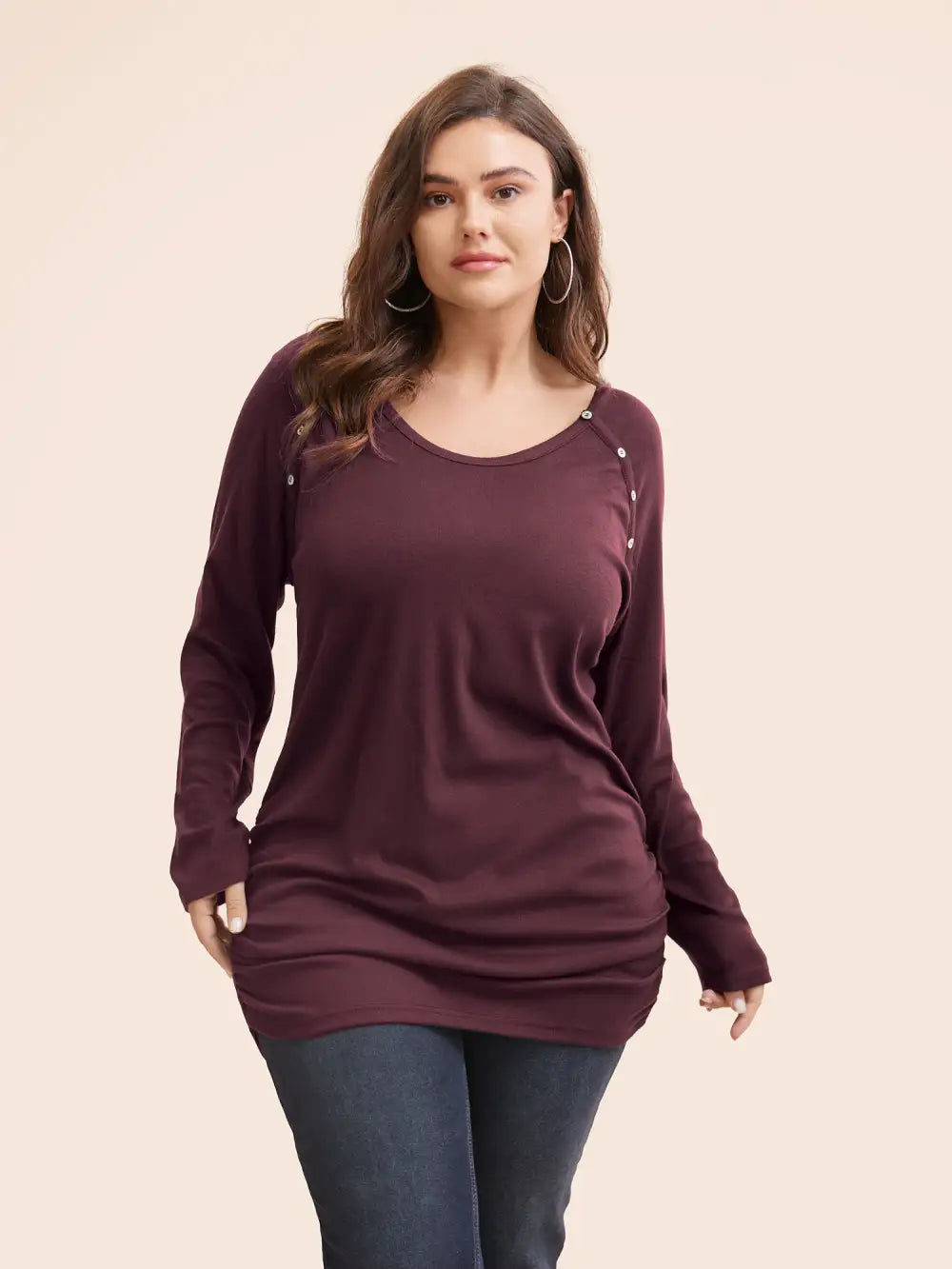 Plain Gathered Button Detail T-Shirt