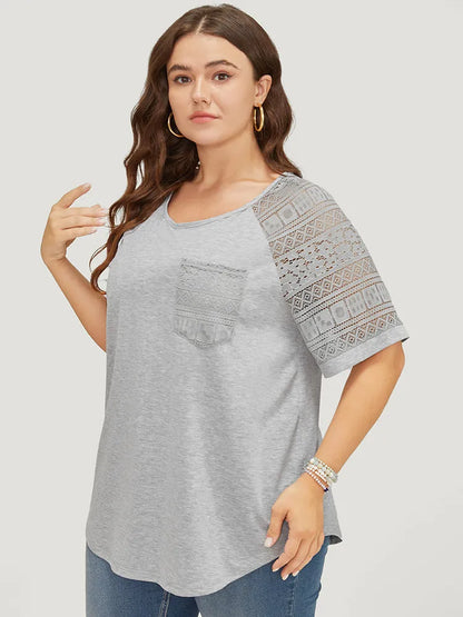 Solid Pocket Contrast Lace Raglan Sleeve Arc Hem T-shirt