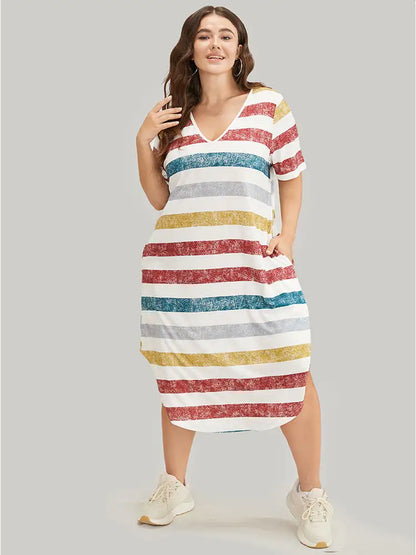 Striped Contrast Arc Hem V Neck Pocket Dress
