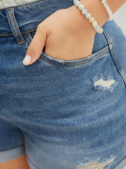 Skinny Very Stretchy Light Wash Roll Hem Distressed Denim Shorts