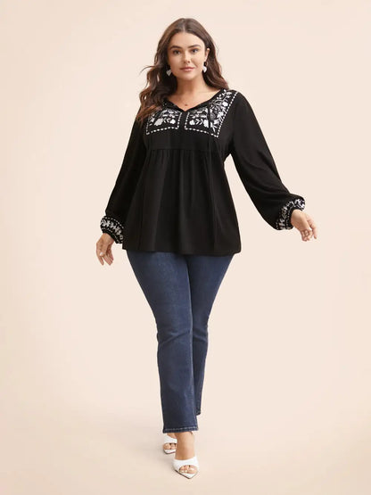 Floral Embroidered Knot Neck Lantern Sleeve T-Shirt