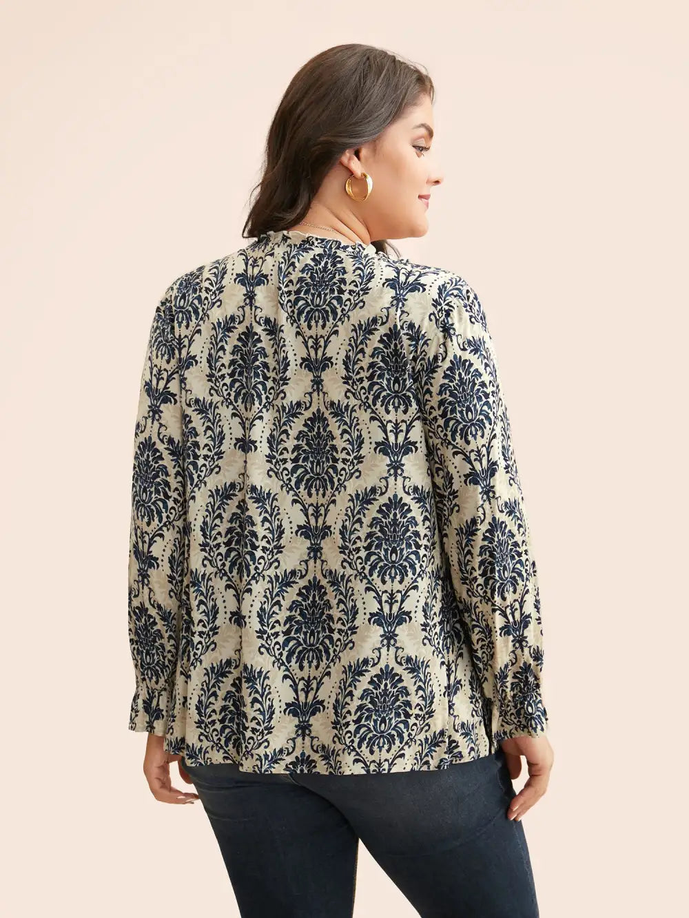 Boho Print Frill Trim Slit Hem Blouse