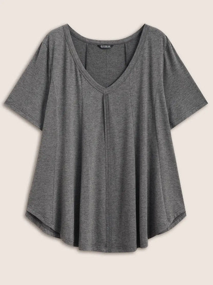 Solid Heather V Neck Curved Hem T-Shirt