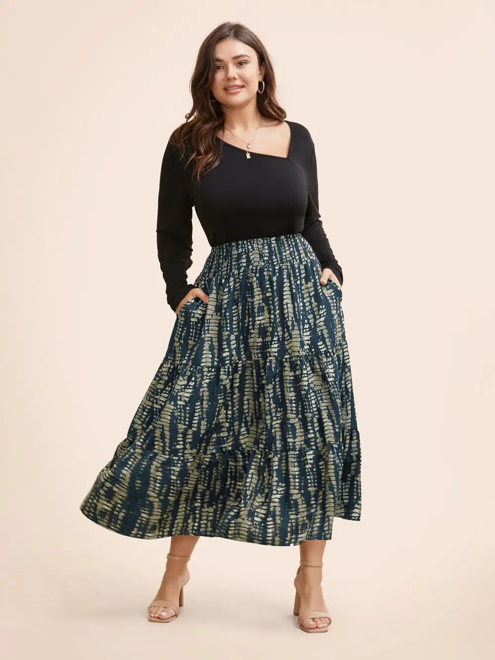 Geometric Shirred Ruffle Layered Hem Skirt