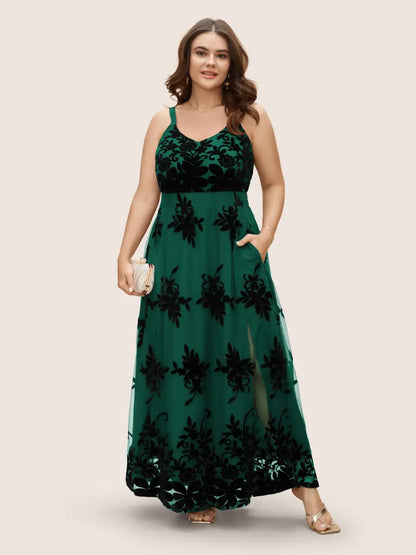 Floral Flocked Tulle Split Hem Dress