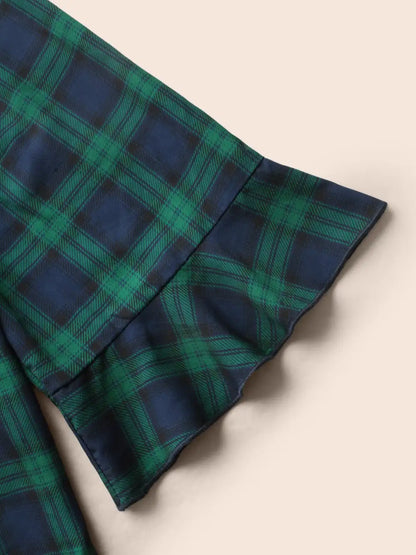 Notched Plaid Ruffles Pleated Blouse