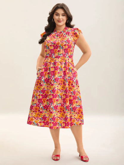 Floral Print Shirred Pockets Midi Dress
